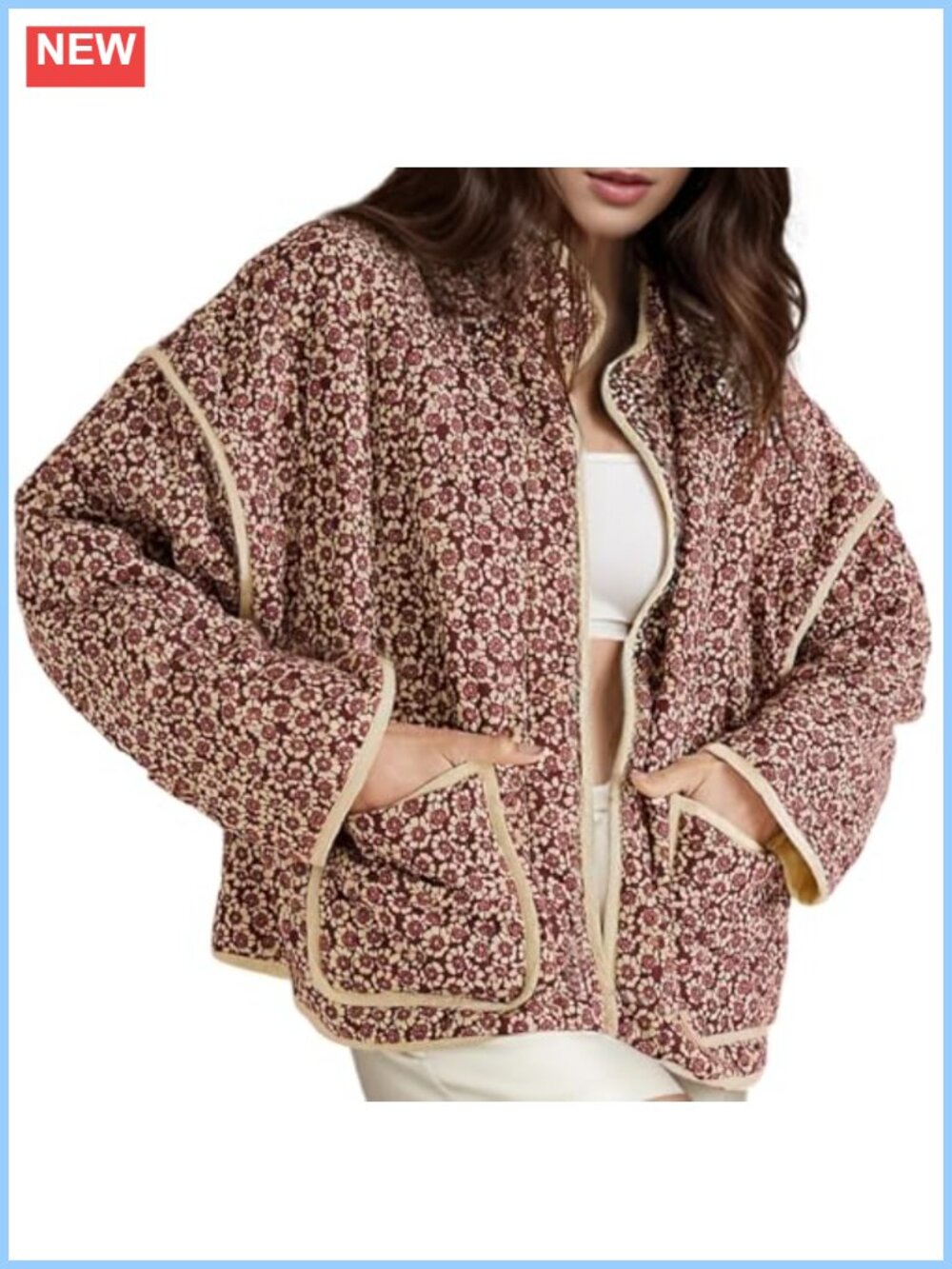 Women's Cropped Quilted Puffer Jacket Floral Print Open Front Lightweight